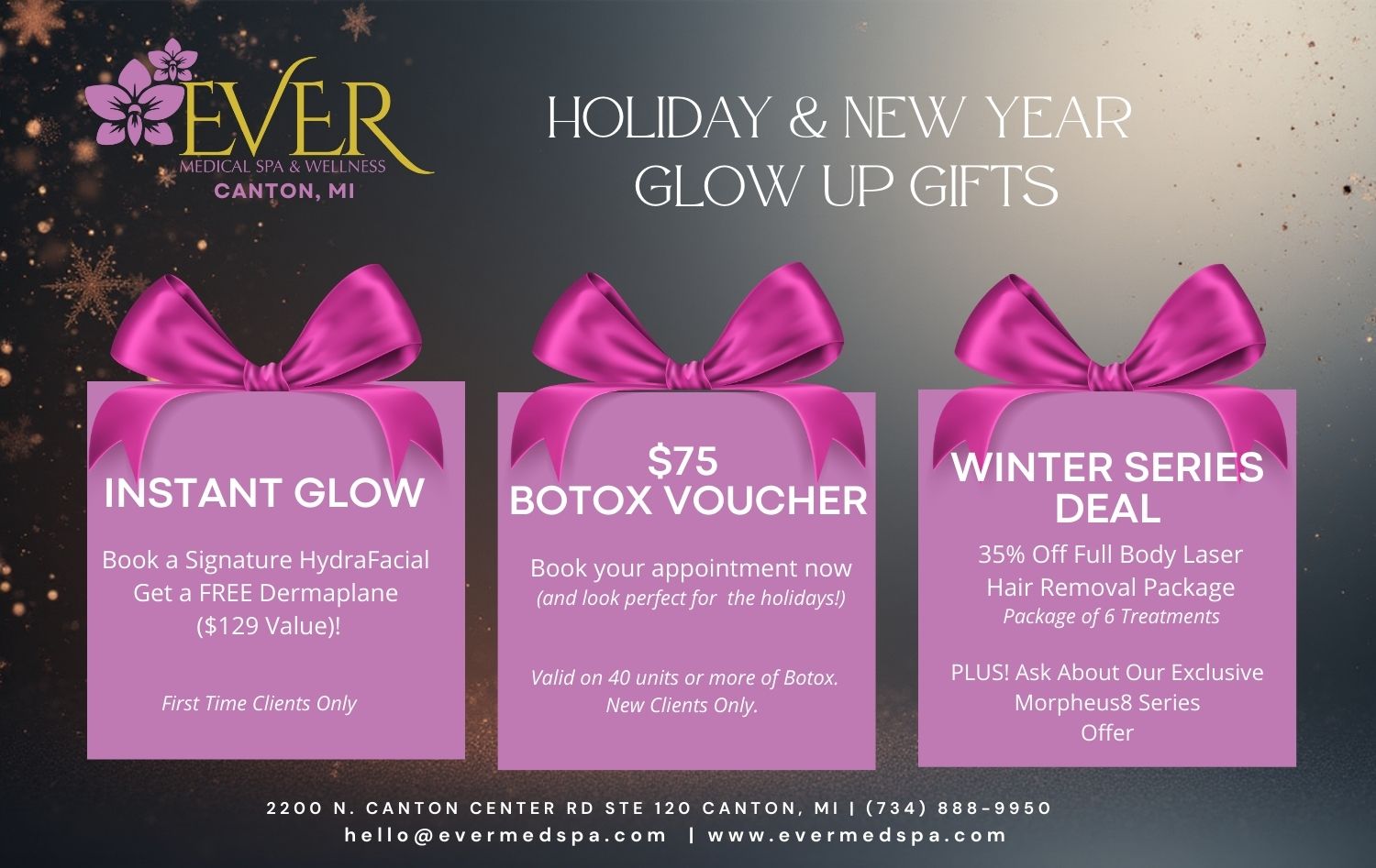 Ever Med Spa Holiday & New Year Glow Up Gifts Canton, MI Images of three presents with Instant Glow, $75 Botox voucher, and 35% off full body laser hair removal package and Morpheus8 winter series deal