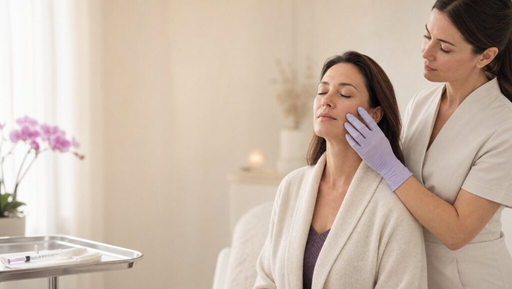 Injector assessing cheek contour before dermal fillers at Ever Medical Spa in Canton, MI