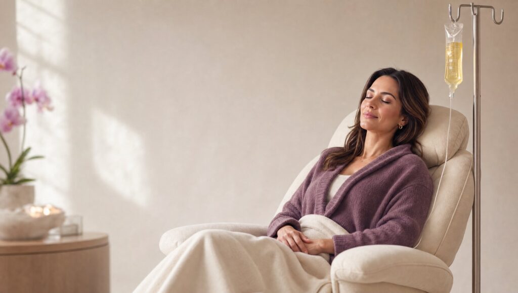 Client receiving IV therapy in a private lounge at Ever Medical Spa in Canton, MI