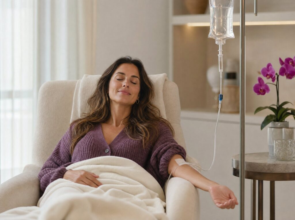 IV therapy wellness drip in a private lounge at Ever Medical Spa in Canton, MI
