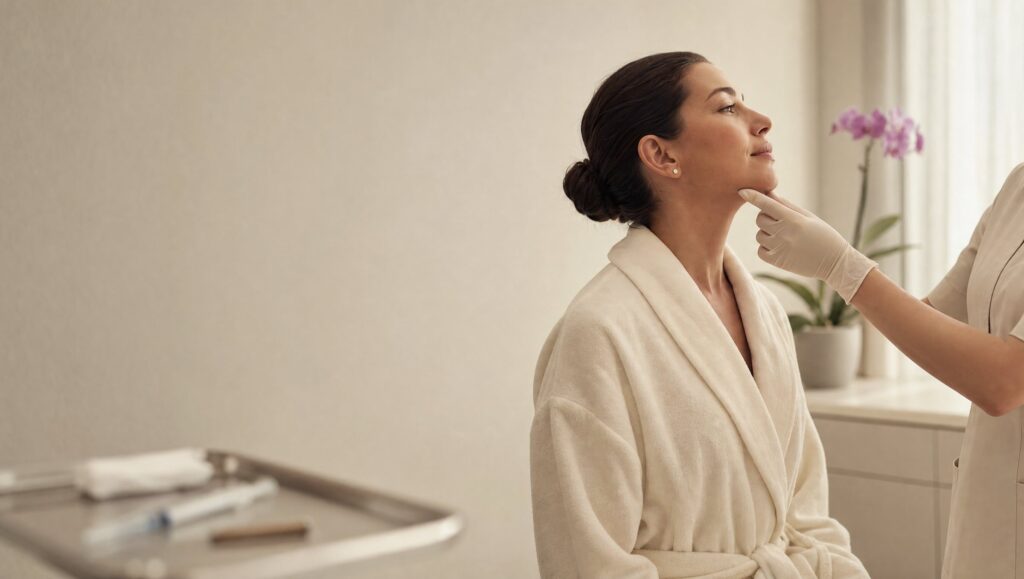 Practitioner assessing the under-chin area before Kybella at Ever Medical Spa in Canton, MI