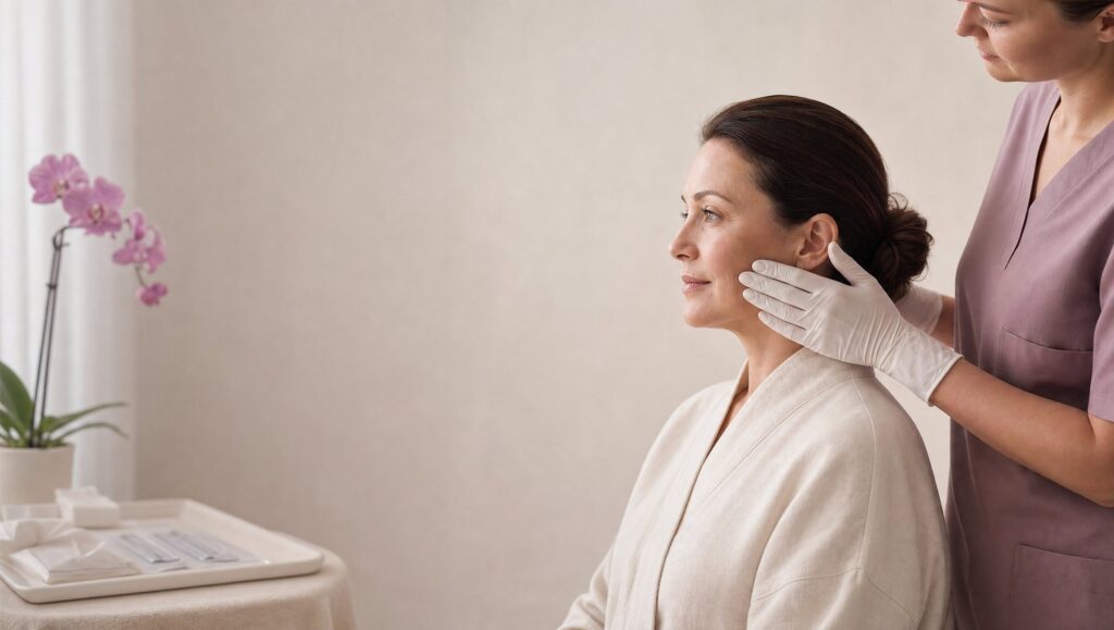 Practitioner assessing a jawline before a PDO thread lift at Ever Medical Spa in Canton, MI