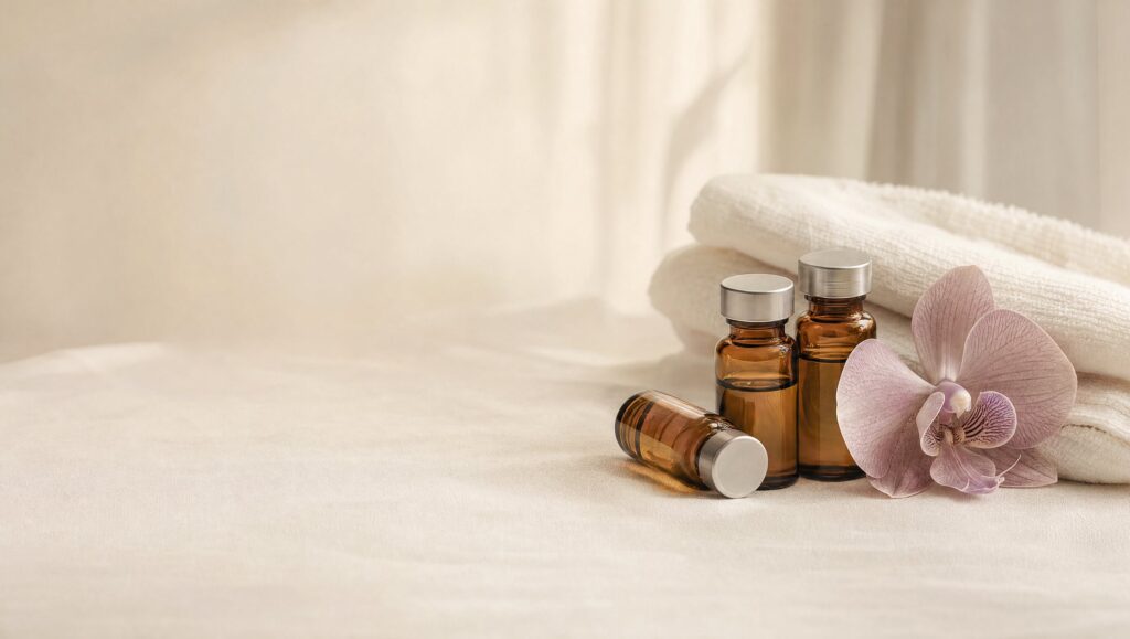 Vitamin injection vials styled with orange and orchid at Ever Medical Spa in Canton, MI