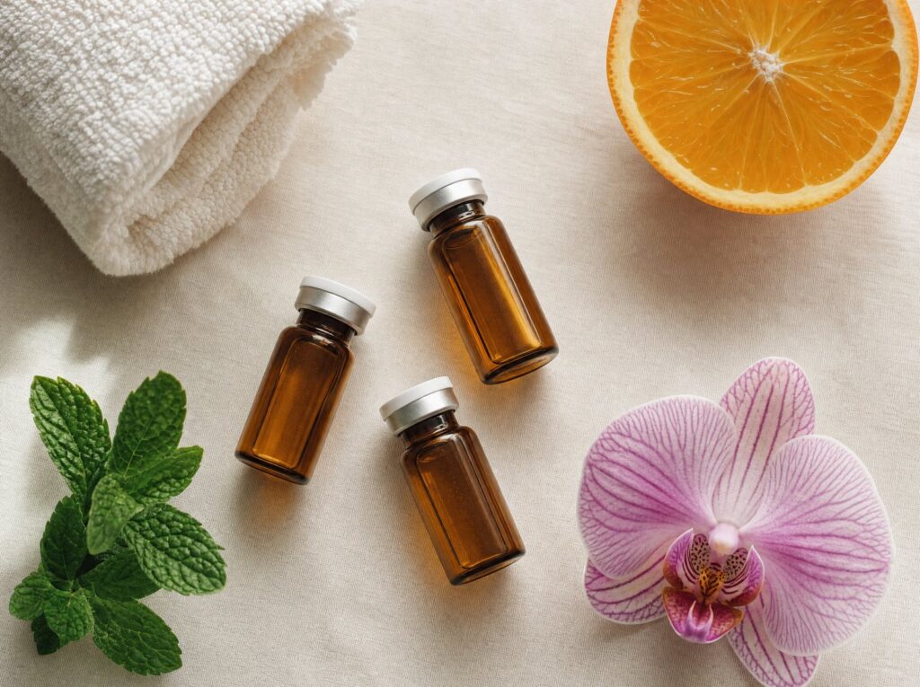 Vitamin injection vials with orange and orchid at Ever Medical Spa
